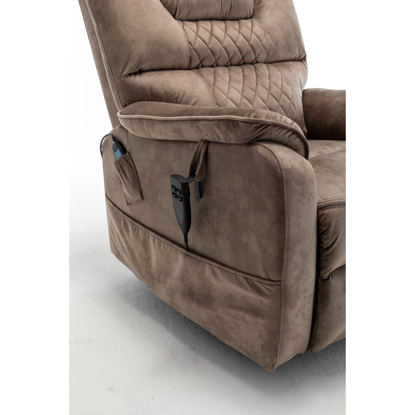 Poltrona reclinabile elettrica beige per anziani con motore OKIN, reclinazione completa di 180°, ampia seduta e tasche portaoggetti laterali
