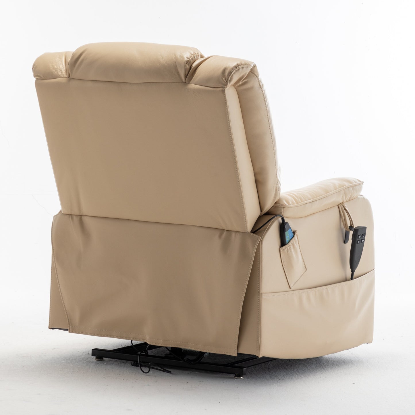 Poltrona reclinabile elettrica beige per anziani con motore OKIN, reclinazione completa di 180°, ampia seduta e tasche portaoggetti laterali