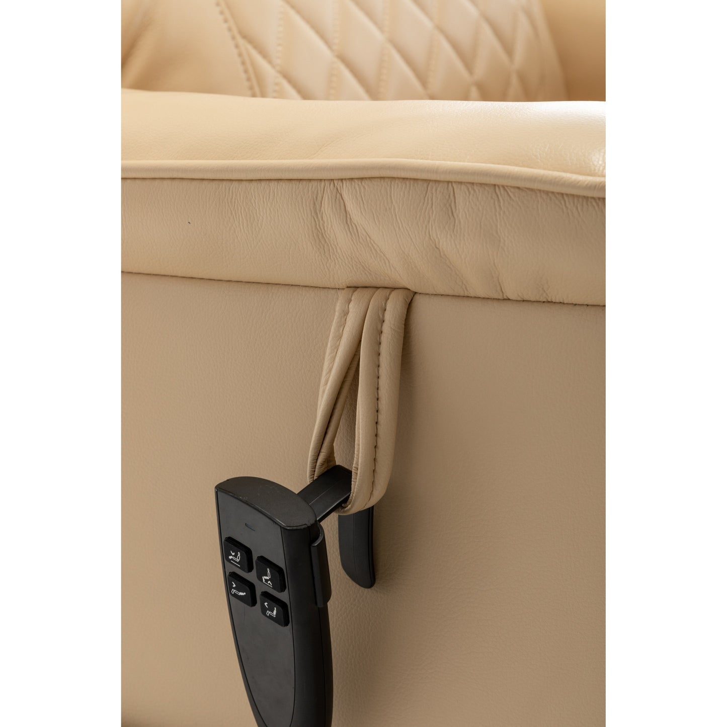 Poltrona reclinabile elettrica beige per anziani con motore OKIN, reclinazione completa di 180°, ampia seduta e tasche portaoggetti laterali
