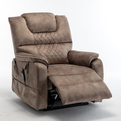 Poltrona reclinabile elettrica beige per anziani con motore OKIN, reclinazione completa di 180°, ampia seduta e tasche portaoggetti laterali
