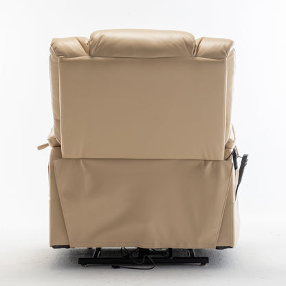 Poltrona reclinabile elettrica beige per anziani con motore OKIN, reclinazione completa di 180°, ampia seduta e tasche portaoggetti laterali