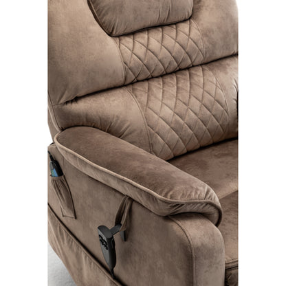Poltrona reclinabile elettrica beige per anziani con motore OKIN, reclinazione completa di 180°, ampia seduta e tasche portaoggetti laterali