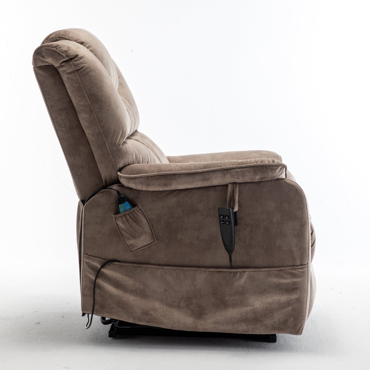 Poltrona reclinabile elettrica beige per anziani con motore OKIN, reclinazione completa di 180°, ampia seduta e tasche portaoggetti laterali