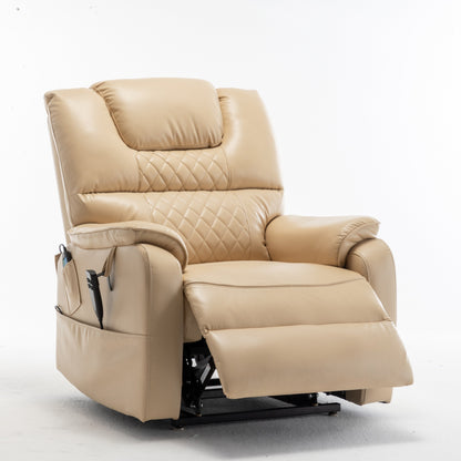 Poltrona reclinabile elettrica beige per anziani con motore OKIN, reclinazione completa di 180°, ampia seduta e tasche portaoggetti laterali