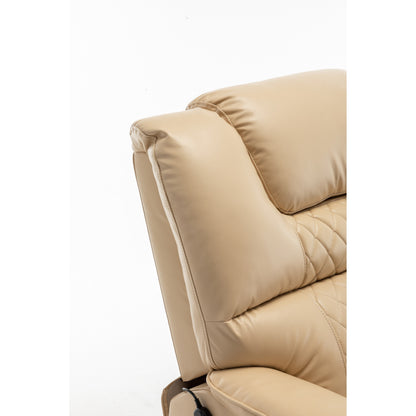 Poltrona reclinabile elettrica beige per anziani con motore OKIN, reclinazione completa di 180°, ampia seduta e tasche portaoggetti laterali
