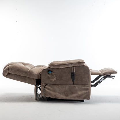 Poltrona reclinabile elettrica beige per anziani con motore OKIN, reclinazione completa di 180°, ampia seduta e tasche portaoggetti laterali