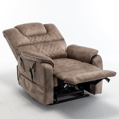 Poltrona reclinabile elettrica beige per anziani con motore OKIN, reclinazione completa di 180°, ampia seduta e tasche portaoggetti laterali