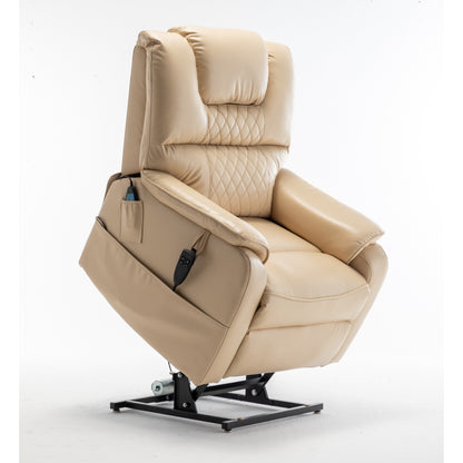 Poltrona reclinabile elettrica beige per anziani con motore OKIN, reclinazione completa di 180°, ampia seduta e tasche portaoggetti laterali