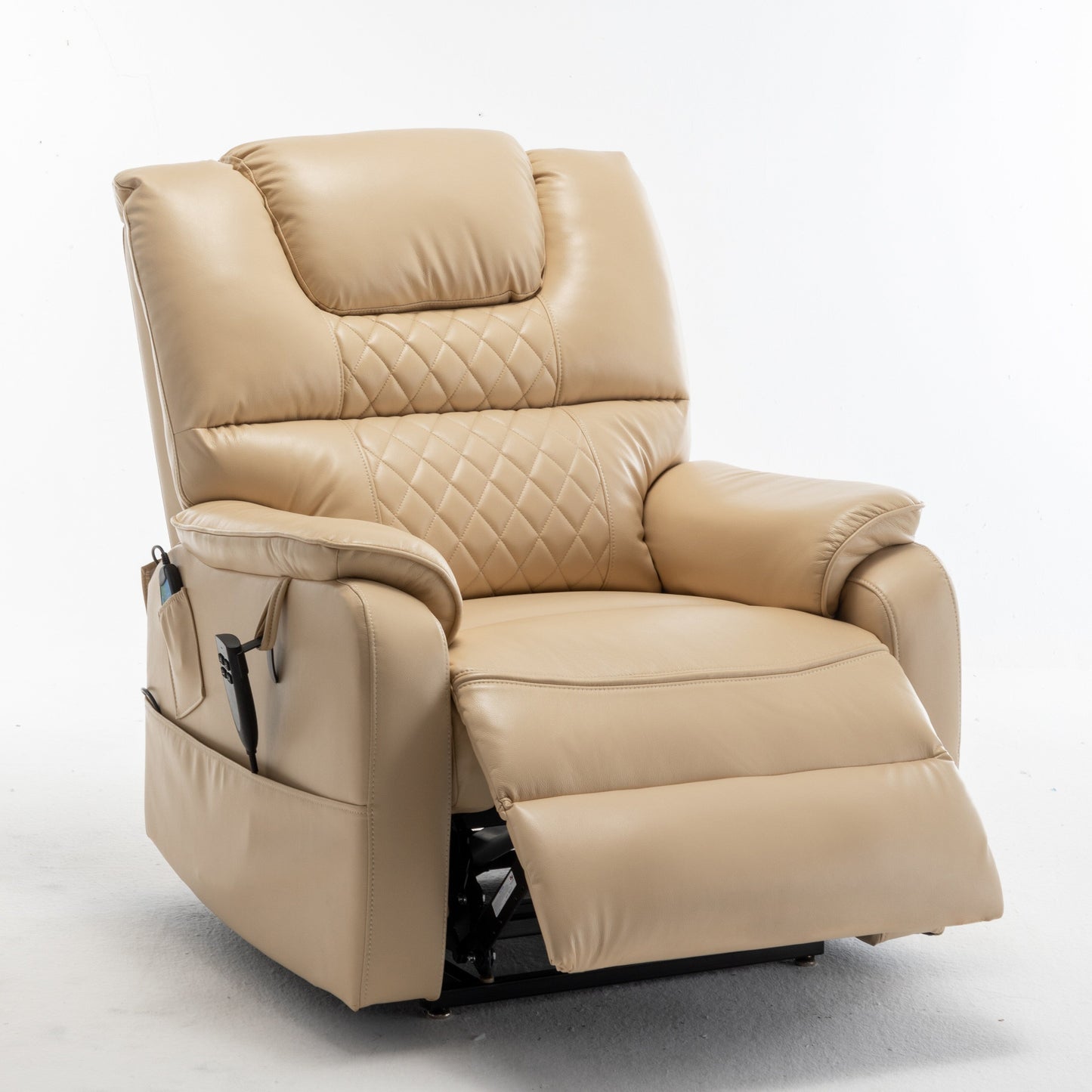 Poltrona reclinabile elettrica beige per anziani con motore OKIN, reclinazione completa di 180°, ampia seduta e tasche portaoggetti laterali