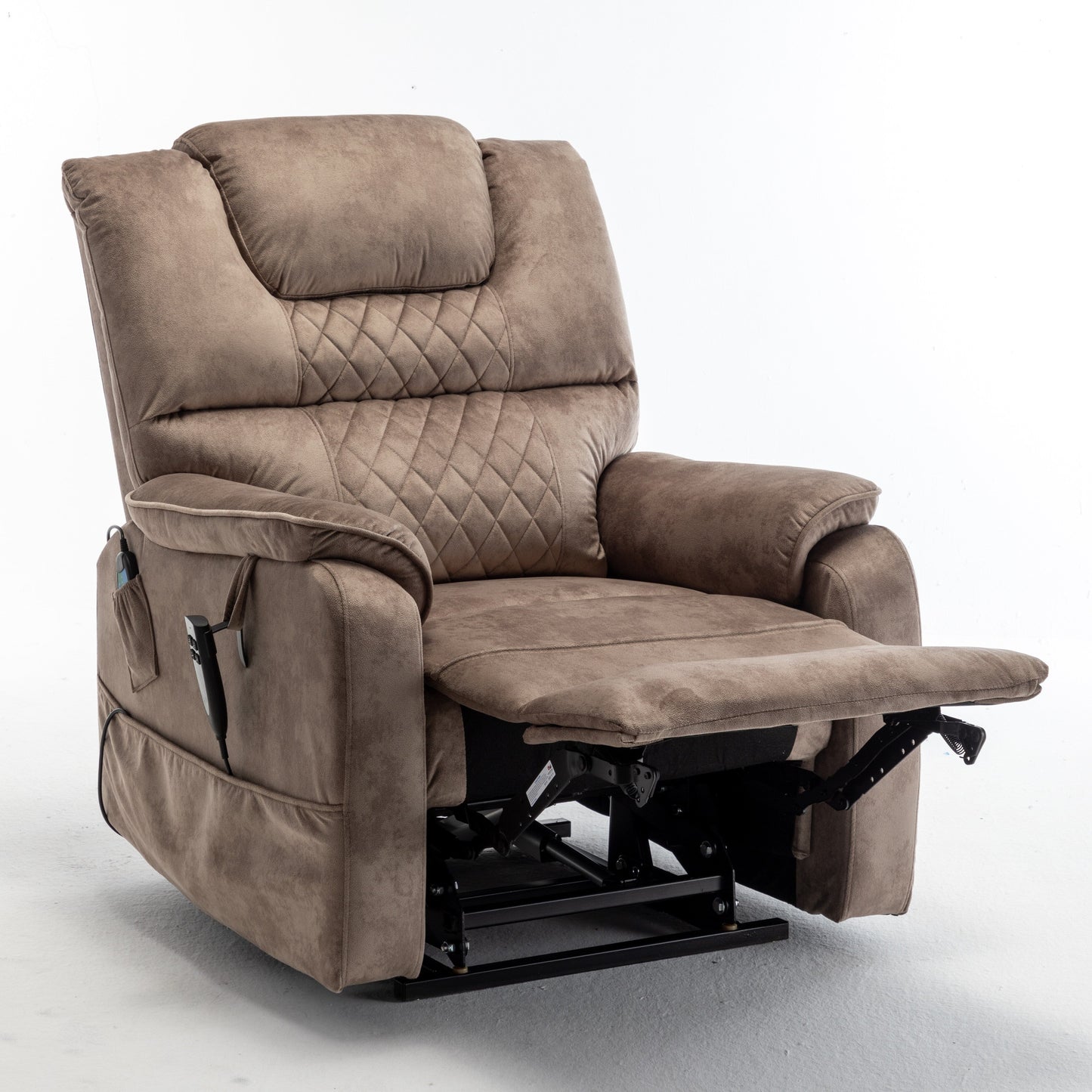 Poltrona reclinabile elettrica beige per anziani con motore OKIN, reclinazione completa di 180°, ampia seduta e tasche portaoggetti laterali