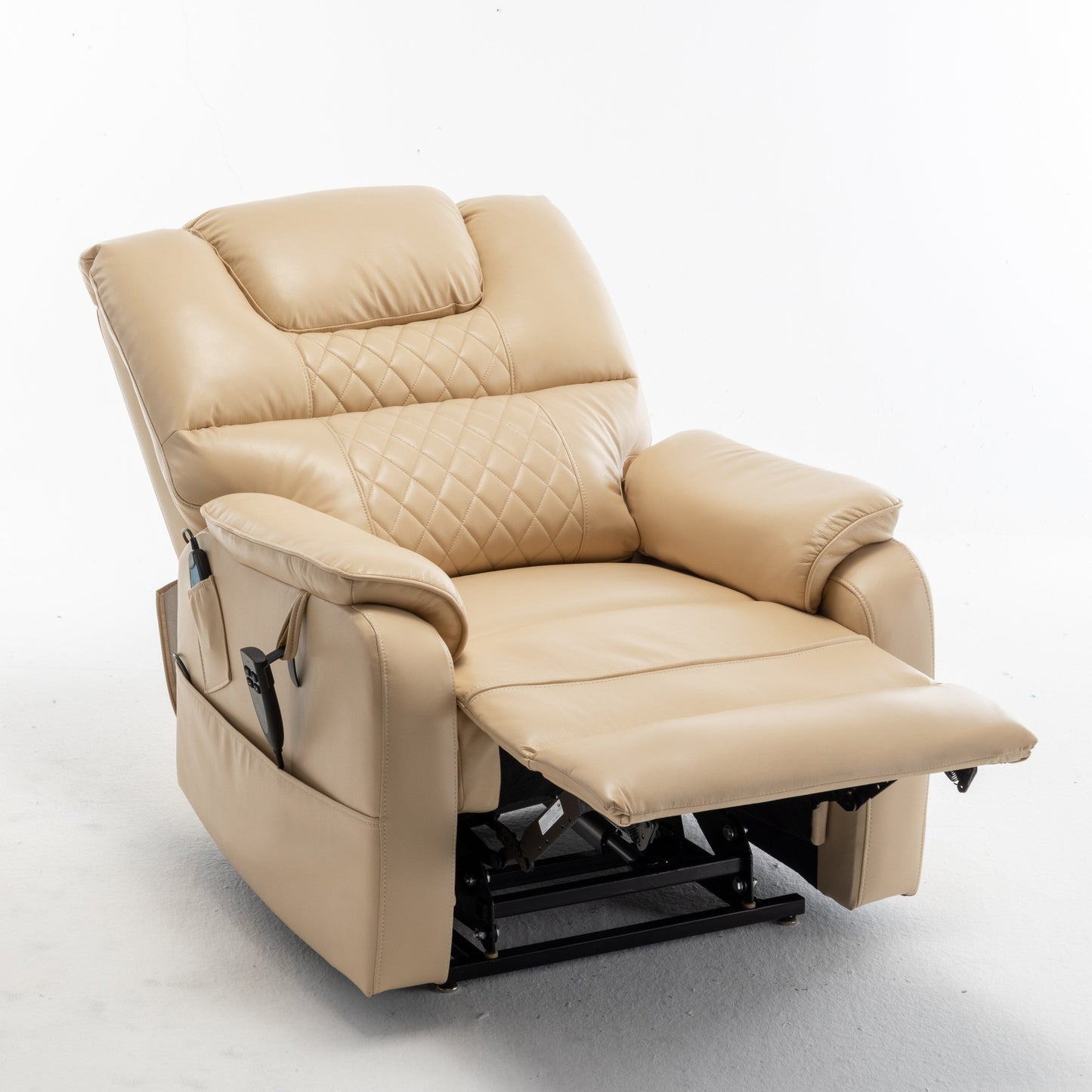 Poltrona reclinabile elettrica beige per anziani con motore OKIN, reclinazione completa di 180°, ampia seduta e tasche portaoggetti laterali