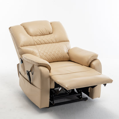 Poltrona reclinabile elettrica beige per anziani con motore OKIN, reclinazione completa di 180°, ampia seduta e tasche portaoggetti laterali