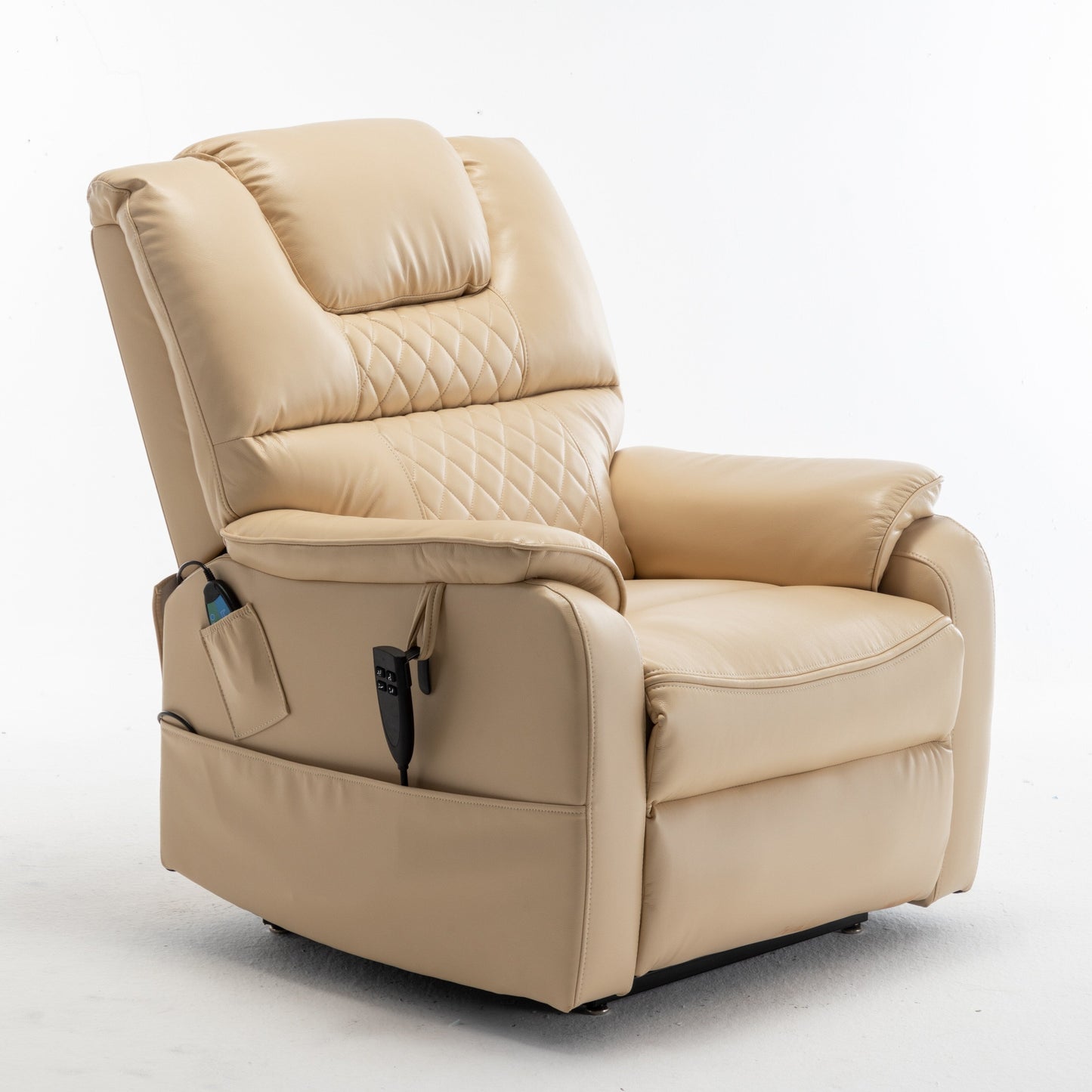 Poltrona reclinabile elettrica beige per anziani con motore OKIN, reclinazione completa di 180°, ampia seduta e tasche portaoggetti laterali