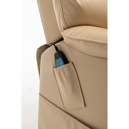 Poltrona reclinabile elettrica beige per anziani con motore OKIN, reclinazione completa di 180°, ampia seduta e tasche portaoggetti laterali