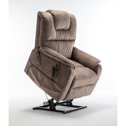 Poltrona reclinabile elettrica beige per anziani con motore OKIN, reclinazione completa di 180°, ampia seduta e tasche portaoggetti laterali