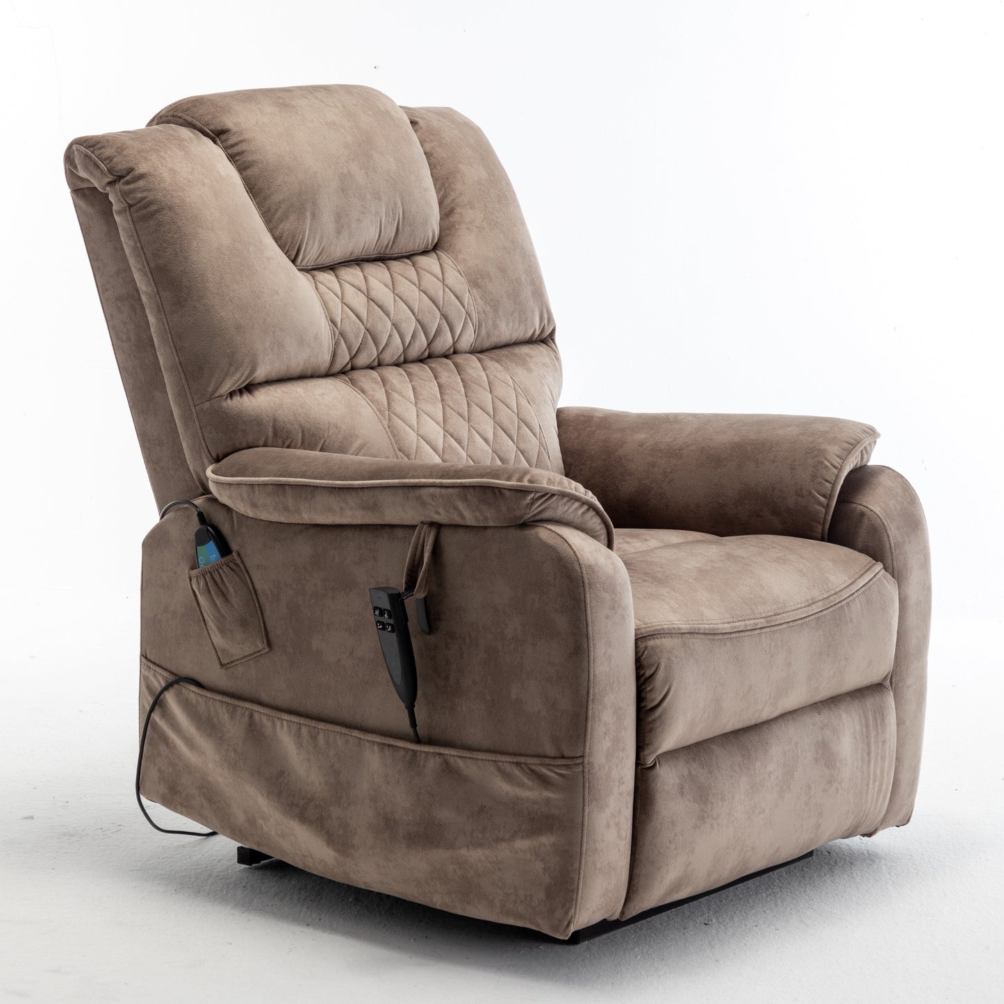 Poltrona reclinabile elettrica beige per anziani con motore OKIN, reclinazione completa di 180°, ampia seduta e tasche portaoggetti laterali