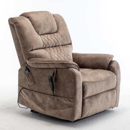Poltrona reclinabile elettrica beige per anziani con motore OKIN, reclinazione completa di 180°, ampia seduta e tasche portaoggetti laterali