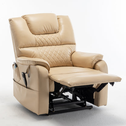 Poltrona reclinabile elettrica beige per anziani con motore OKIN, reclinazione completa di 180°, ampia seduta e tasche portaoggetti laterali