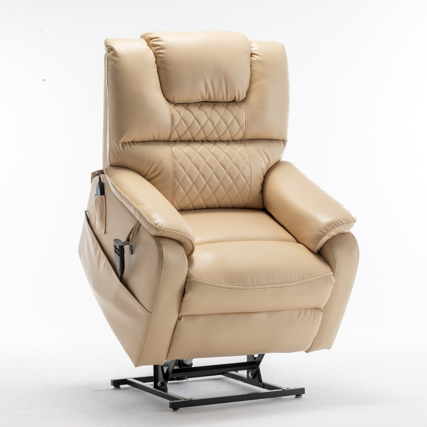 Poltrona reclinabile elettrica beige per anziani con motore OKIN, reclinazione completa di 180°, ampia seduta e tasche portaoggetti laterali