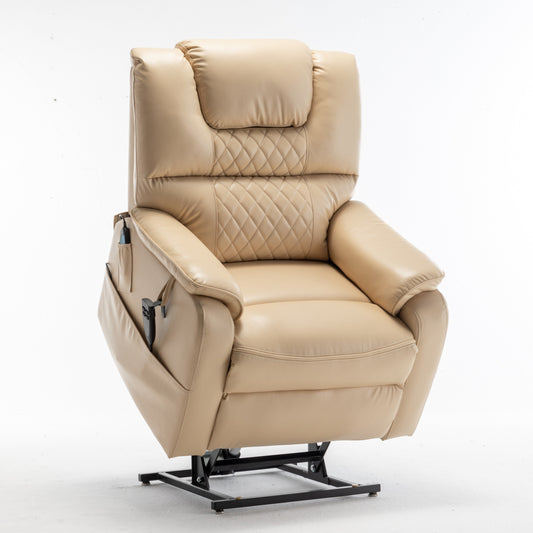 Poltrona reclinabile elettrica beige per anziani con motore OKIN, reclinazione completa di 180°, ampia seduta e tasche portaoggetti laterali