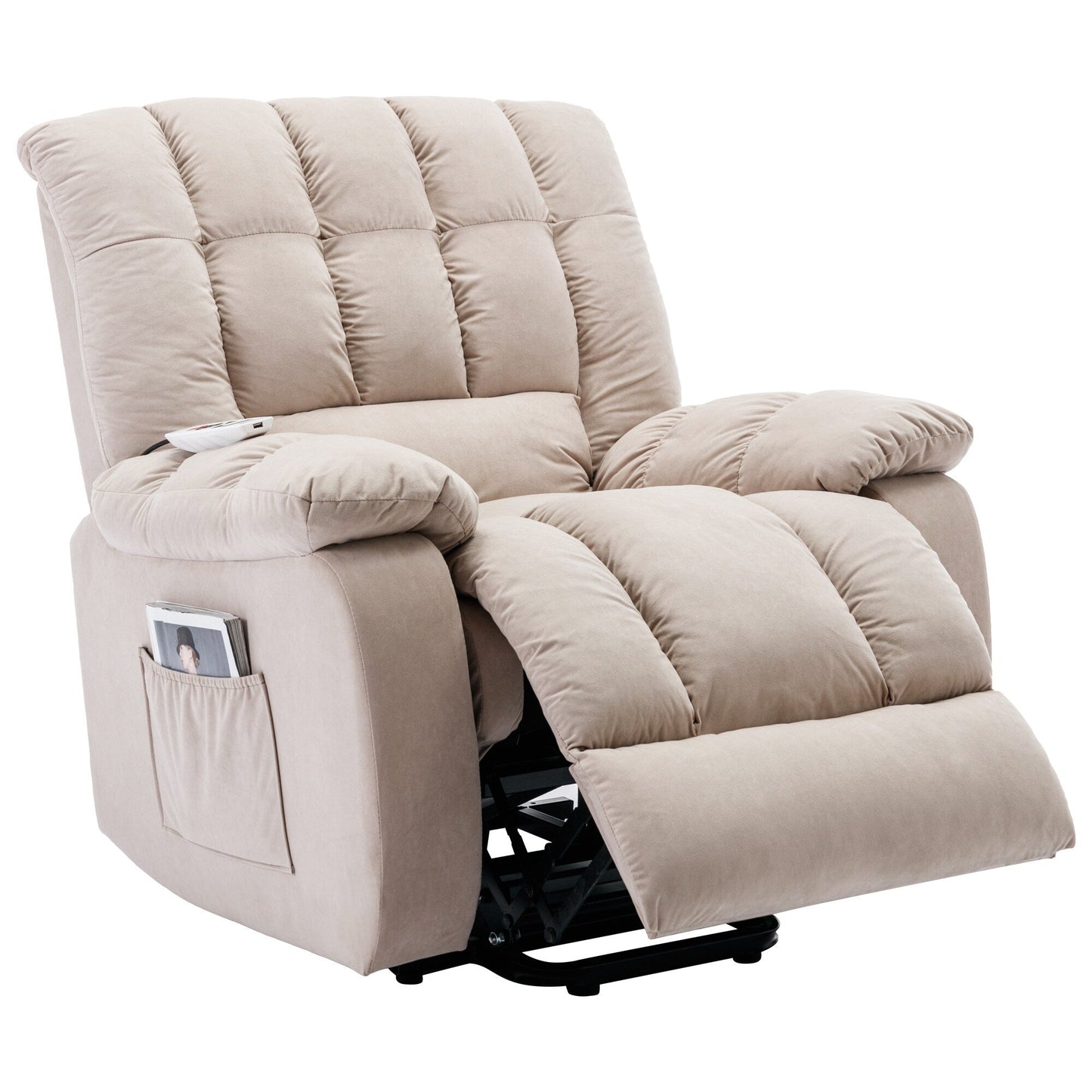 Poltrona reclinabile elettrica beige con riscaldamento, massaggio vibrante e tasca laterale per un'esperienza rilassante in soggiorno