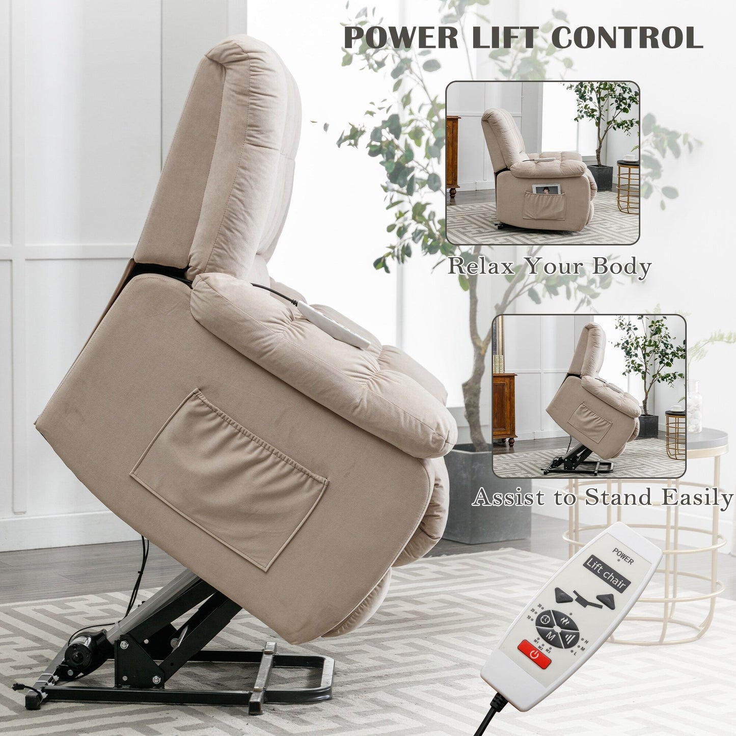 Poltrona reclinabile elettrica beige con riscaldamento, massaggio vibrante e tasca laterale per l'uso in soggiorno