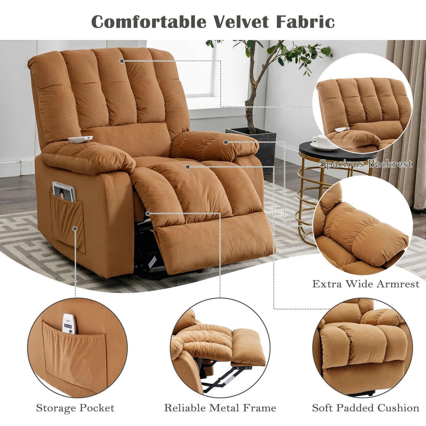 Poltrona reclinabile elettrica beige con riscaldamento, massaggio e tasca portaoggetti per l'uso in soggiorno/camera da letto
