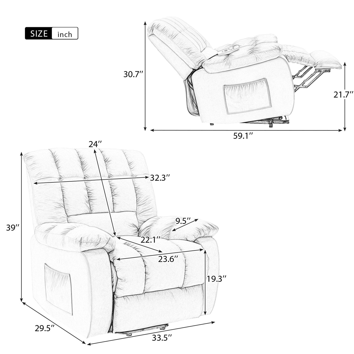 Poltrona reclinabile elettrica beige con riscaldamento, massaggio e tasca portaoggetti per l'uso in soggiorno/camera da letto