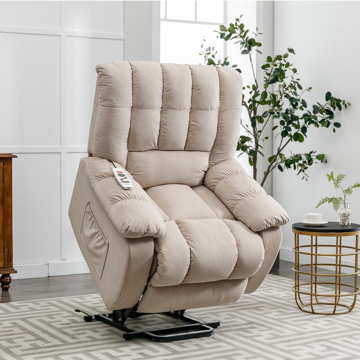 Poltrona reclinabile elettrica beige con riscaldamento, massaggio e tasca portaoggetti per l'uso in soggiorno/camera da letto