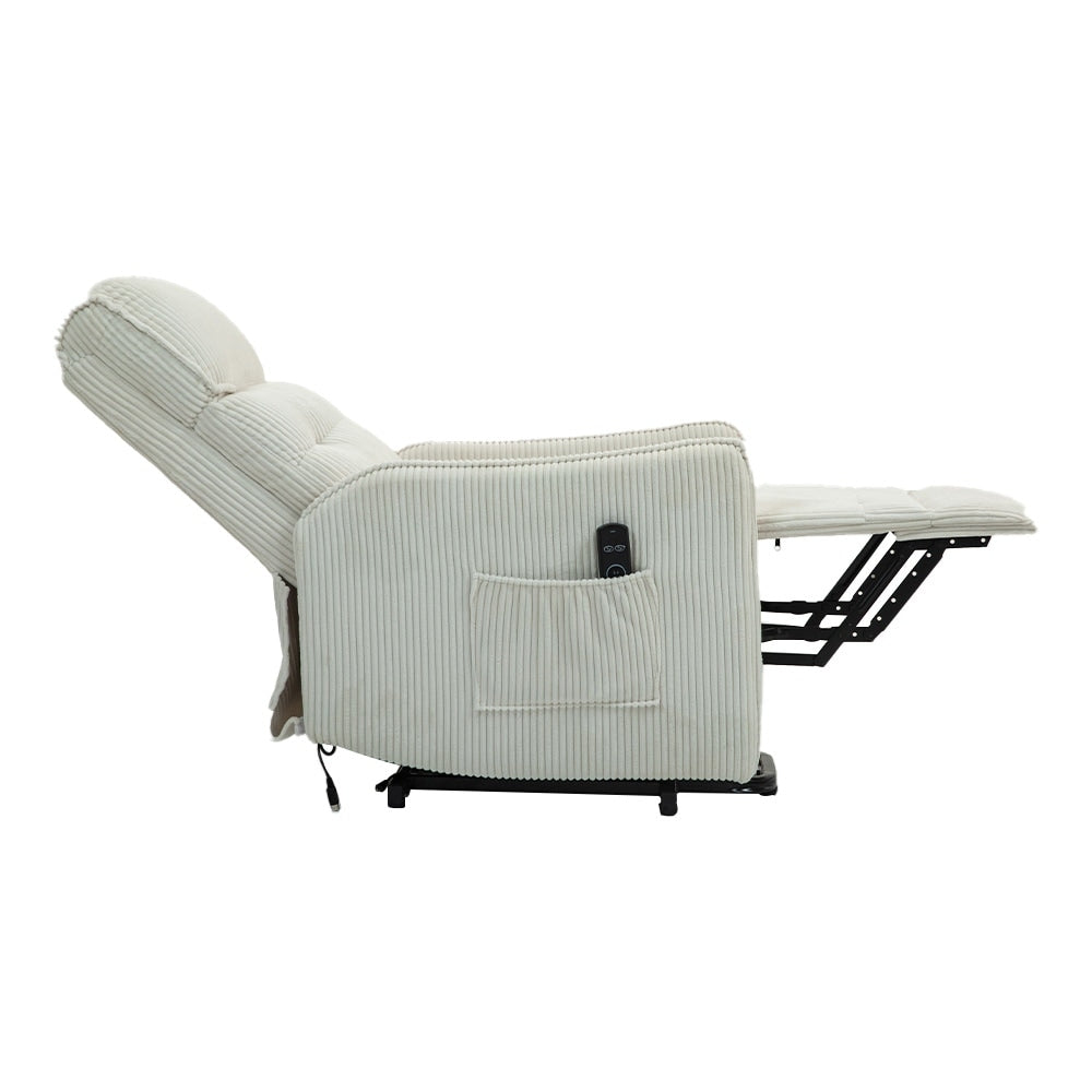 Poltrona reclinabile elettrica beige con tasca laterale, molle insacchettate, cuscino di seduta in peluche per soggiorno e camera da letto