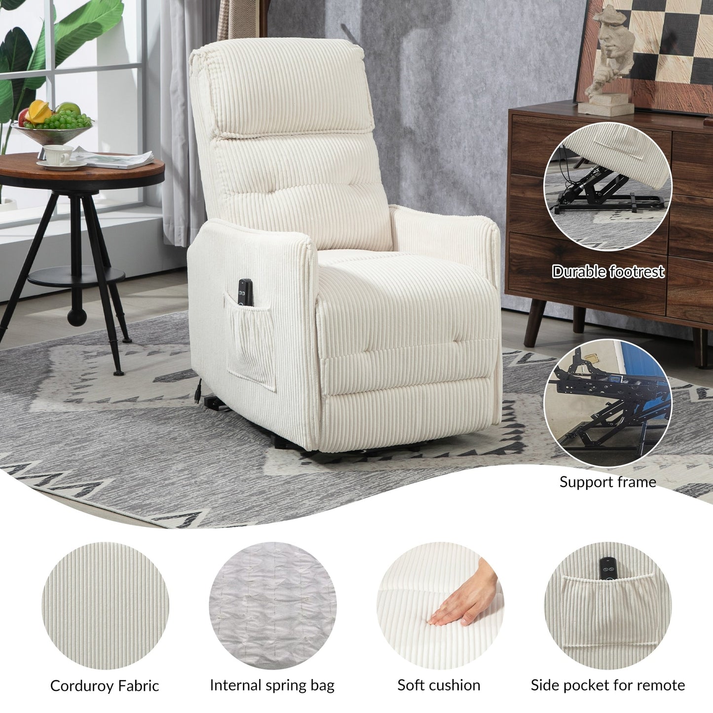 Poltrona reclinabile elettrica beige con tasca laterale, molle insacchettate, cuscino di seduta in peluche per soggiorno e camera da letto