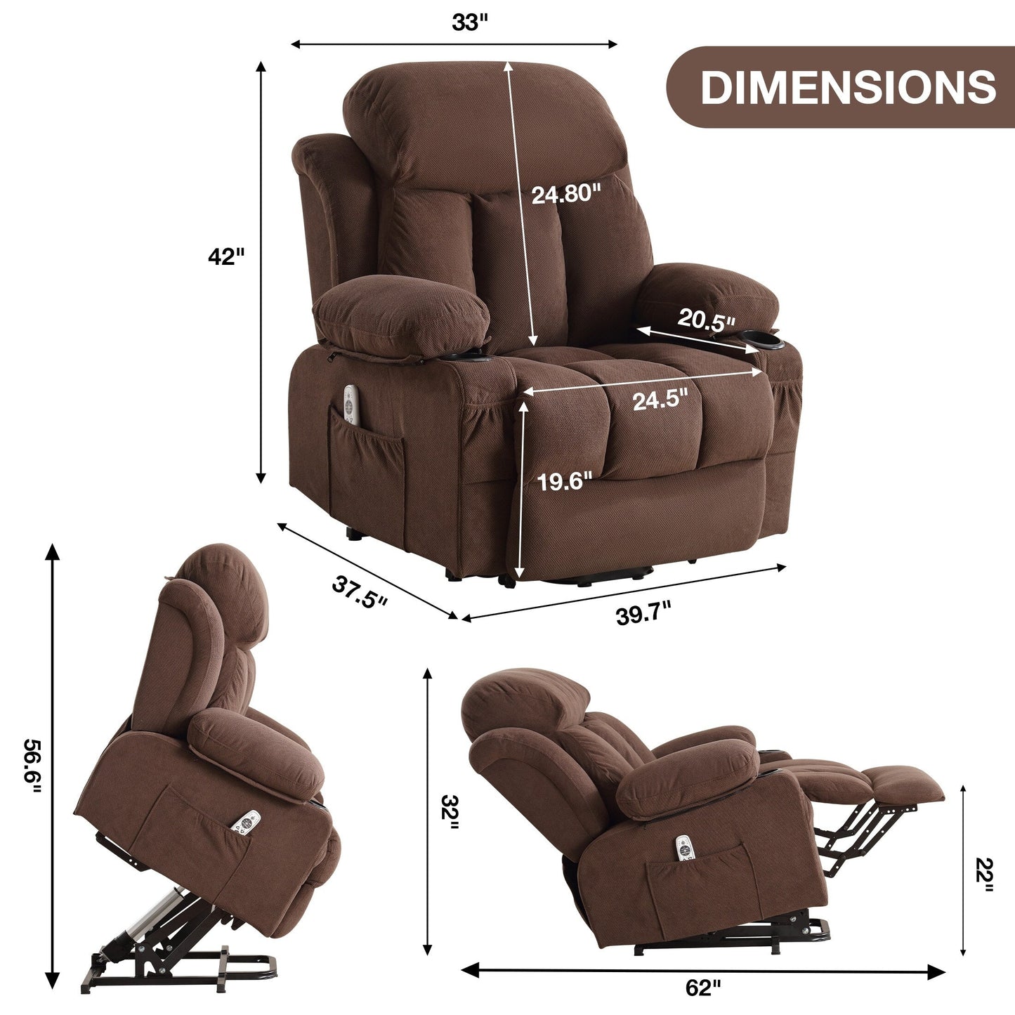 Poltrona reclinabile ergonomica beige con massaggio riscaldato, ricarica USB, tasche laterali e telecomando facile da usare
