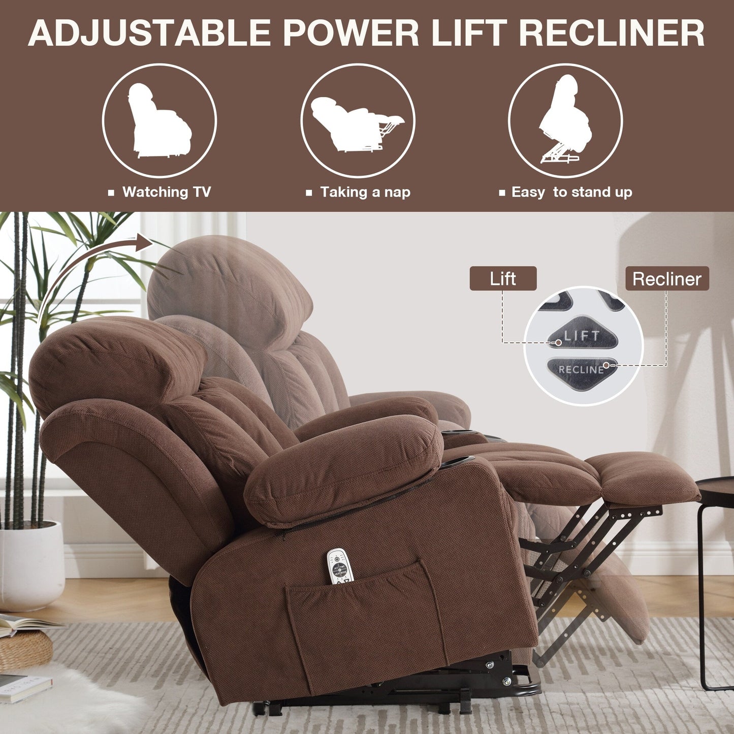 Poltrona reclinabile ergonomica beige con massaggio riscaldato, ricarica USB, tasche laterali e telecomando facile da usare