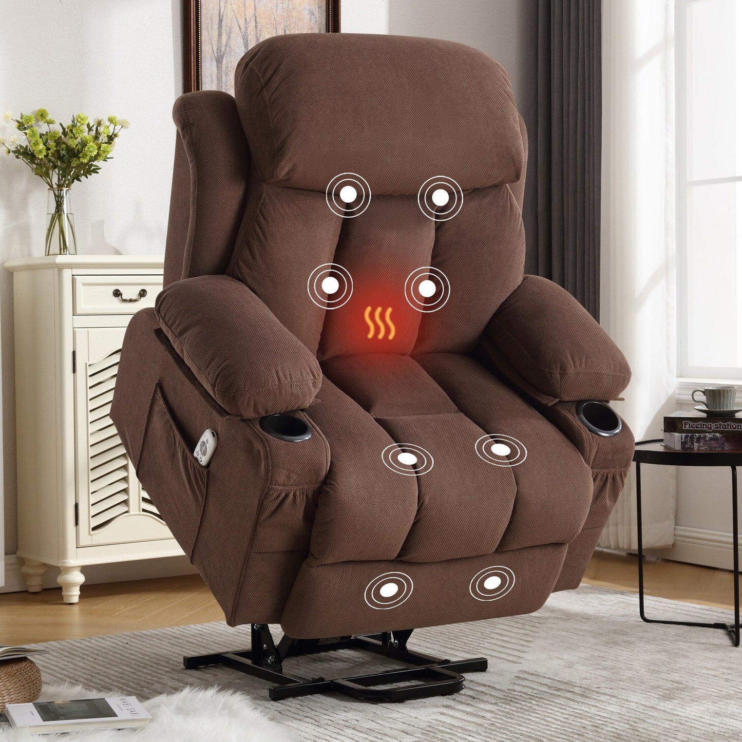 Poltrona reclinabile ergonomica beige con massaggio riscaldato, ricarica USB, tasche laterali e telecomando facile da usare