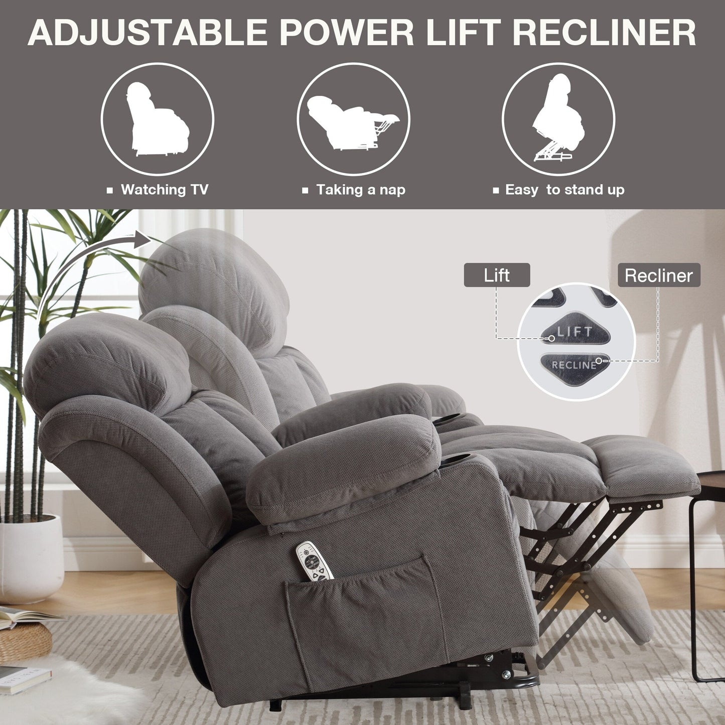 Poltrona reclinabile ergonomica beige con massaggio riscaldato, ricarica USB, tasche laterali e telecomando facile da usare