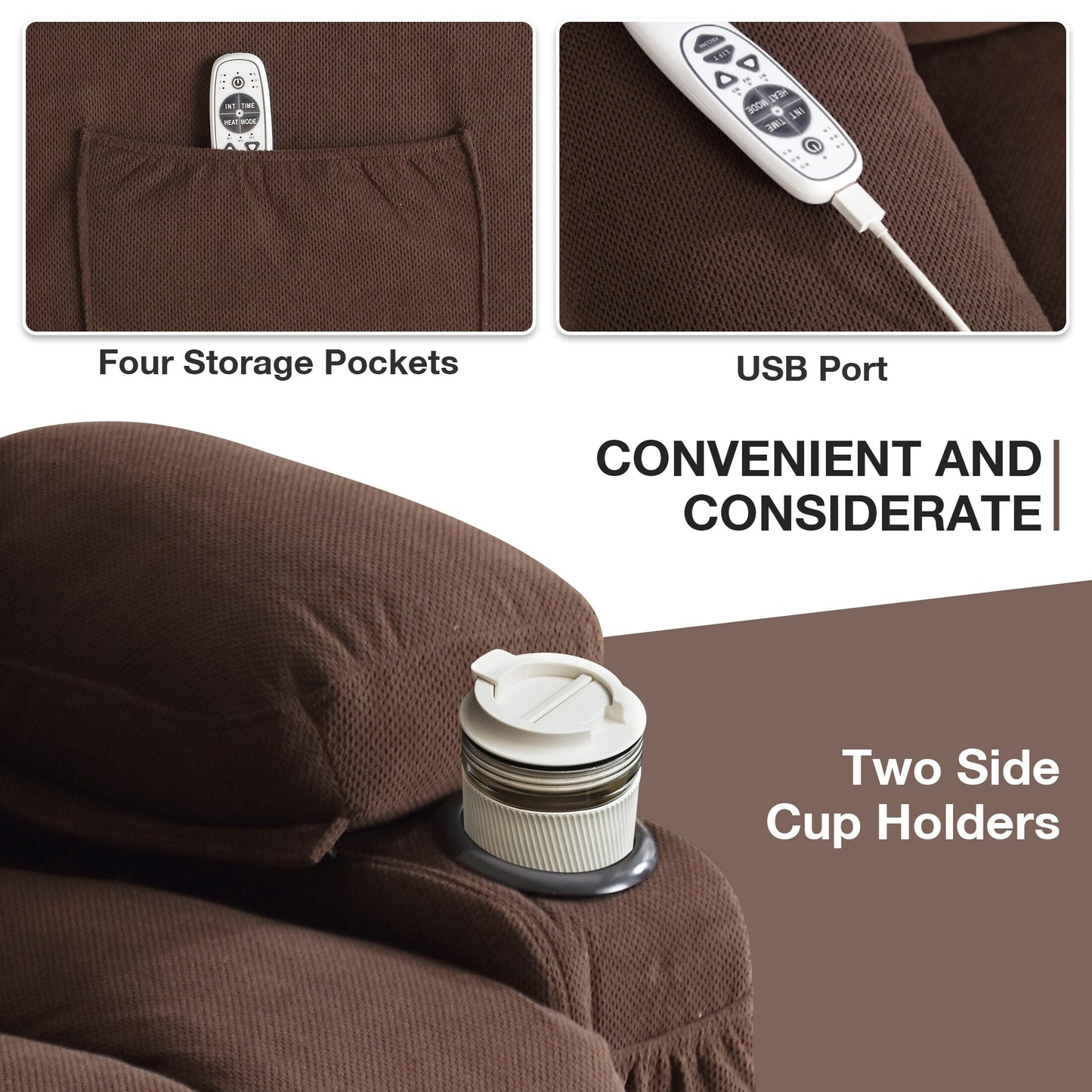 Poltrona reclinabile ergonomica beige con massaggio riscaldato, ricarica USB, tasche laterali e telecomando facile da usare