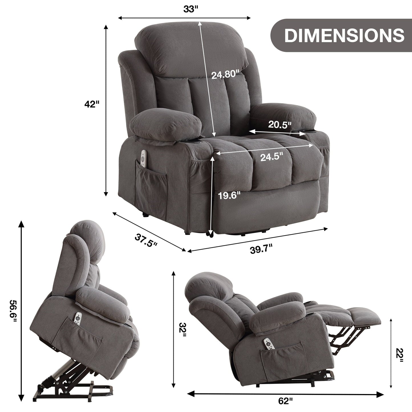 Poltrona reclinabile ergonomica beige con riscaldamento, massaggio, ricarica USB, tasche laterali e telecomando