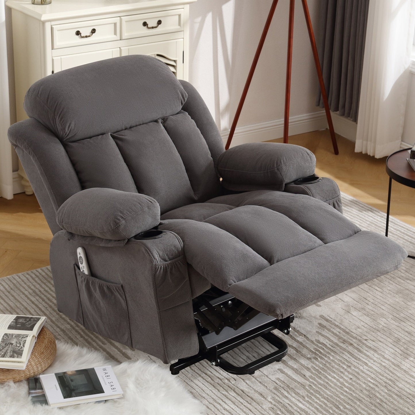 Poltrona reclinabile ergonomica beige con riscaldamento, massaggio, ricarica USB, tasche laterali e telecomando