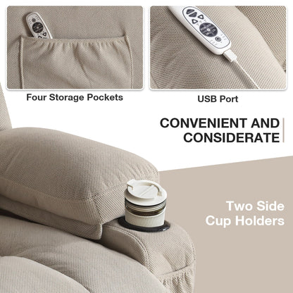 Poltrona reclinabile ergonomica beige con riscaldamento, massaggio, ricarica USB, tasche laterali e telecomando