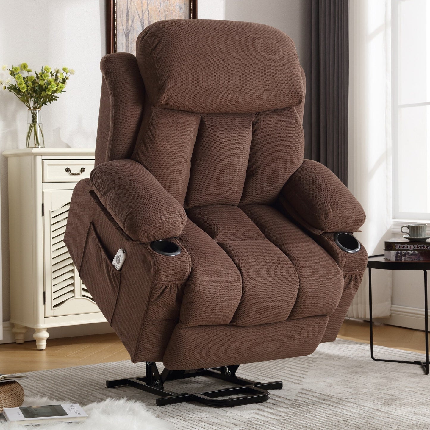 Poltrona reclinabile ergonomica beige con riscaldamento, massaggio, ricarica USB, tasche laterali e telecomando