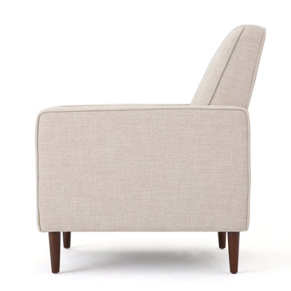 Poltrona reclinabile imbottita Mid-Century in tessuto beige con poggiapiedi, schienale con bottoni trapuntati, gambe in legno di faggio