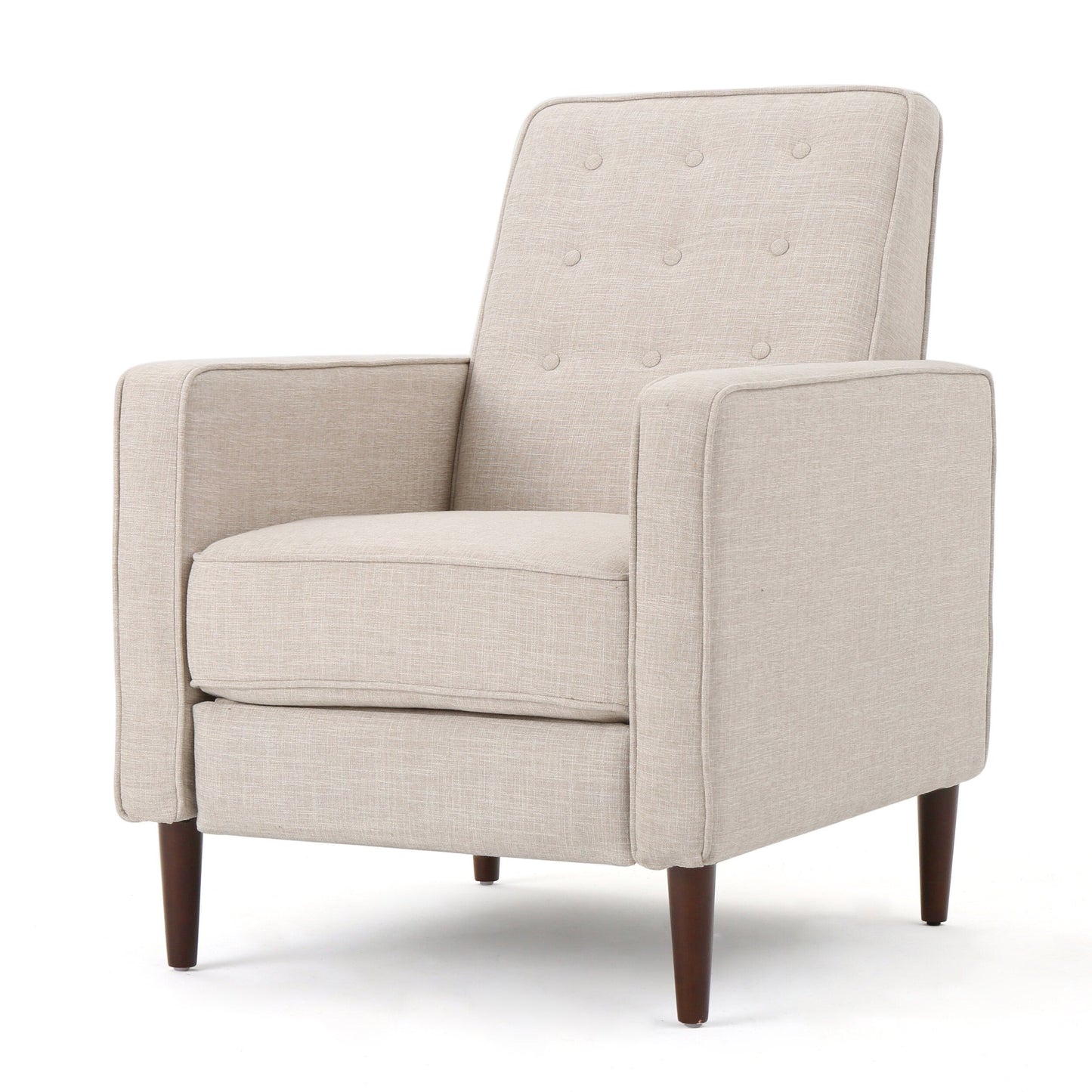 Poltrona reclinabile imbottita Mid-Century in tessuto beige con poggiapiedi, schienale con bottoni trapuntati, gambe in legno di faggio