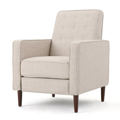 Poltrona reclinabile imbottita Mid-Century in tessuto beige con poggiapiedi, schienale con bottoni trapuntati, gambe in legno di faggio