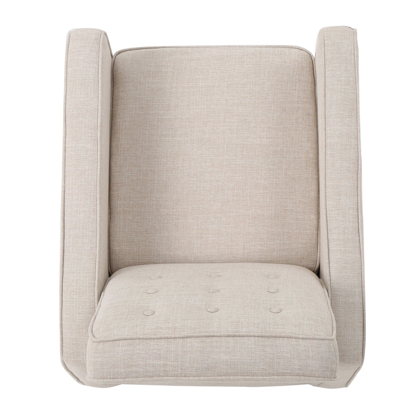 Poltrona reclinabile imbottita Mid-Century in tessuto beige con poggiapiedi, schienale con bottoni trapuntati, gambe in legno di faggio