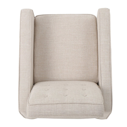 Poltrona reclinabile imbottita Mid-Century in tessuto beige con poggiapiedi, schienale con bottoni trapuntati, gambe in legno di faggio
