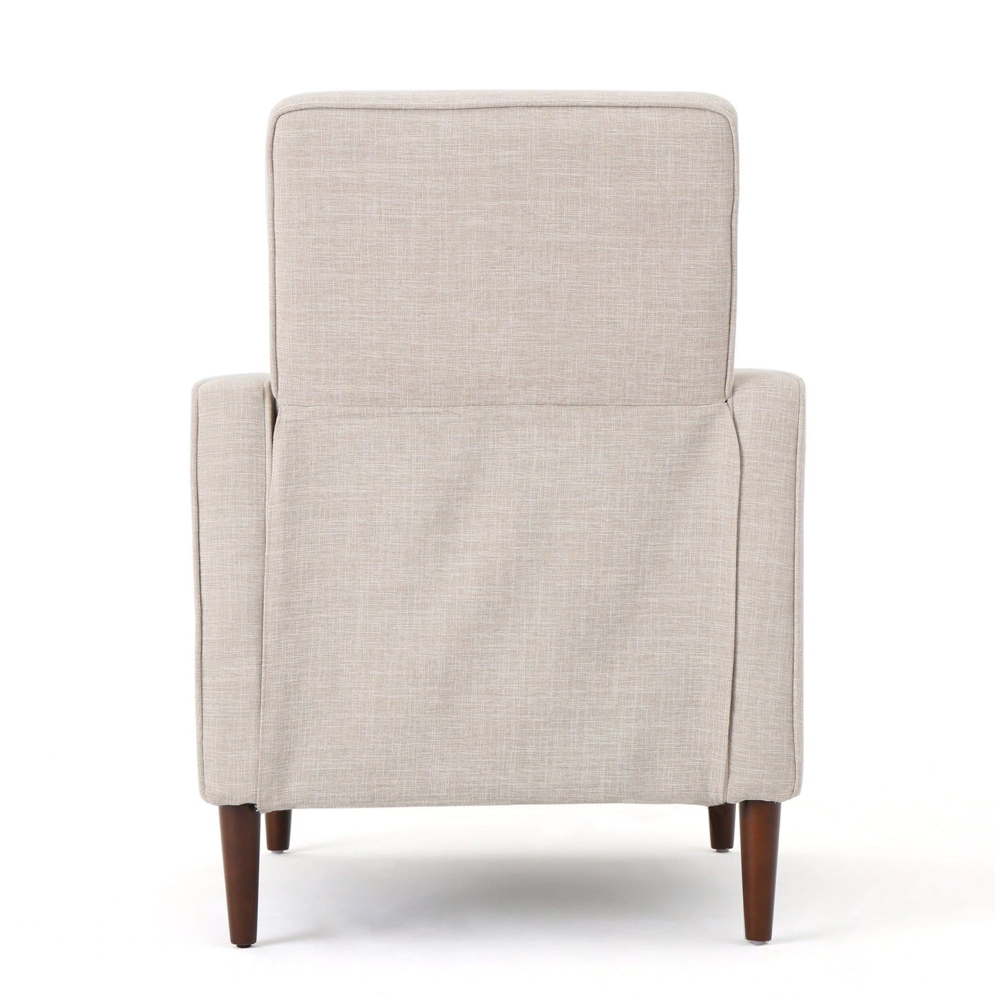 Poltrona reclinabile imbottita Mid-Century in tessuto beige con poggiapiedi, schienale con bottoni trapuntati, gambe in legno di faggio