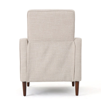 Poltrona reclinabile imbottita Mid-Century in tessuto beige con poggiapiedi, schienale con bottoni trapuntati, gambe in legno di faggio