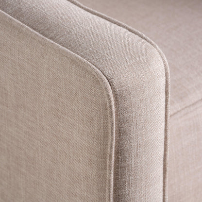 Poltrona reclinabile imbottita Mid-Century in tessuto beige con poggiapiedi, schienale con bottoni trapuntati, gambe in legno di faggio