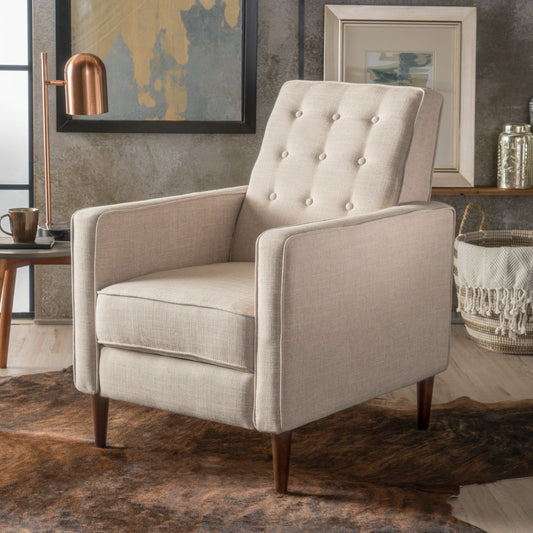 Poltrona reclinabile imbottita Mid-Century in tessuto beige con poggiapiedi, schienale con bottoni trapuntati, gambe in legno di faggio