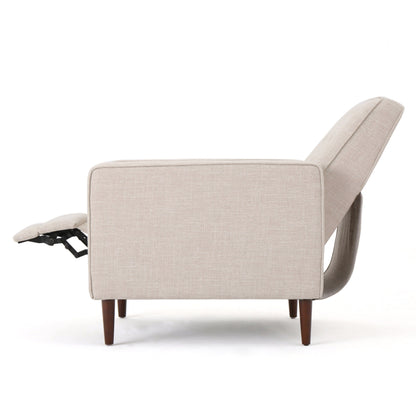 Poltrona reclinabile imbottita Mid-Century in tessuto beige con poggiapiedi, schienale con bottoni trapuntati, gambe in legno di faggio